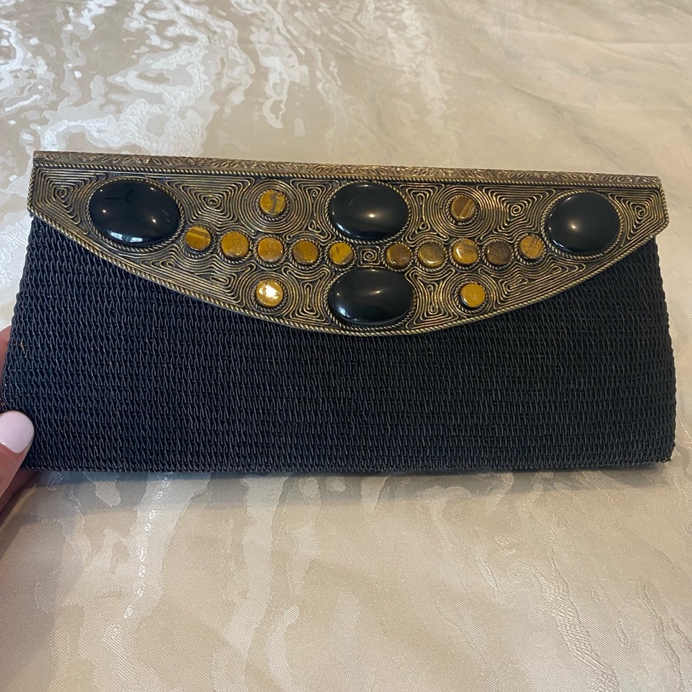 Meera Mahadevia Clutch Purse in Black with Gold Metal Black Stone Design, NWOT
